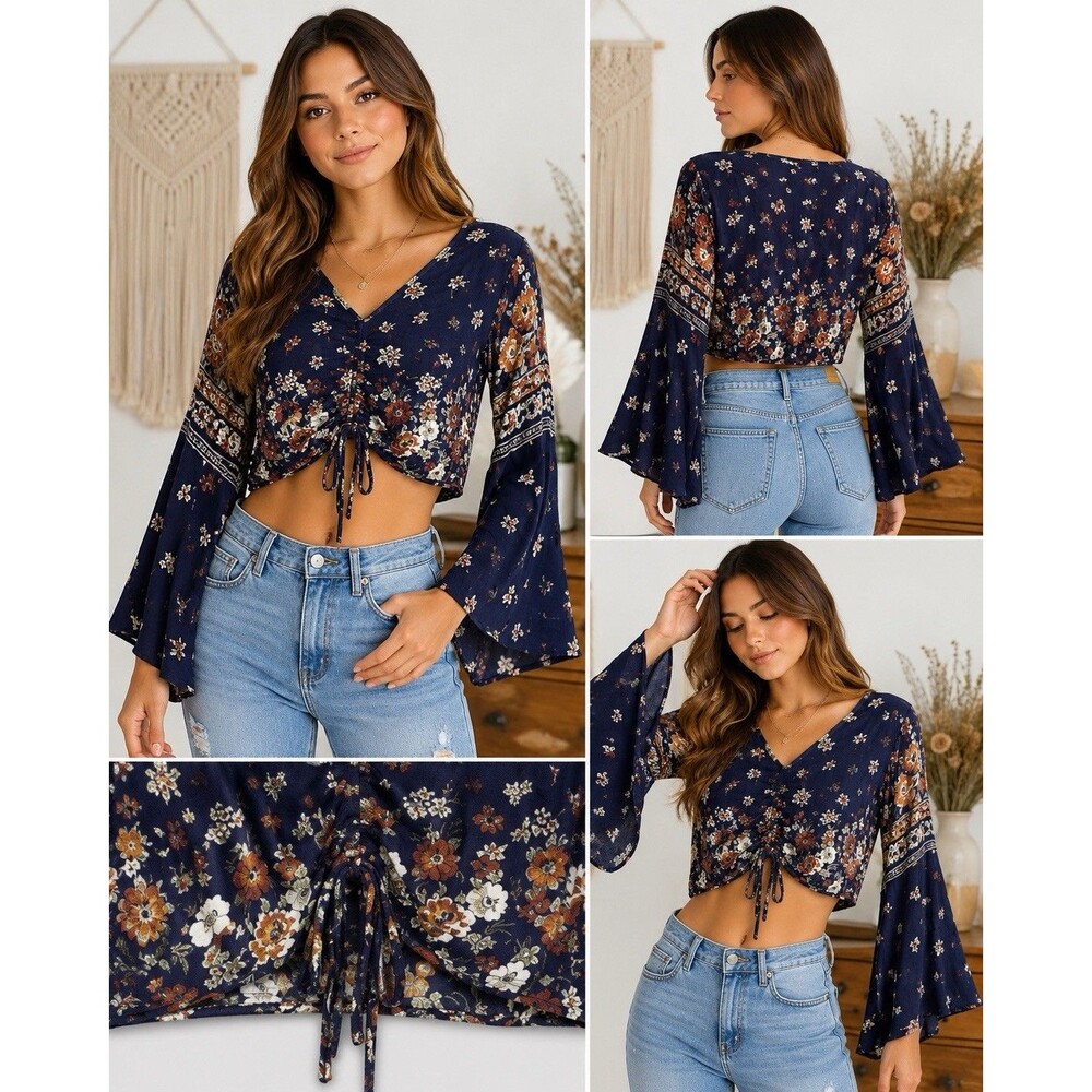 Altar’d State Floral Bell Sleeve Tie Front Crop Top Boho Navy Medium